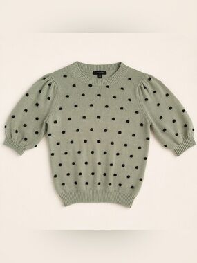 Ann Taylor Sage Green Knit Sweater with Black Polka Dots